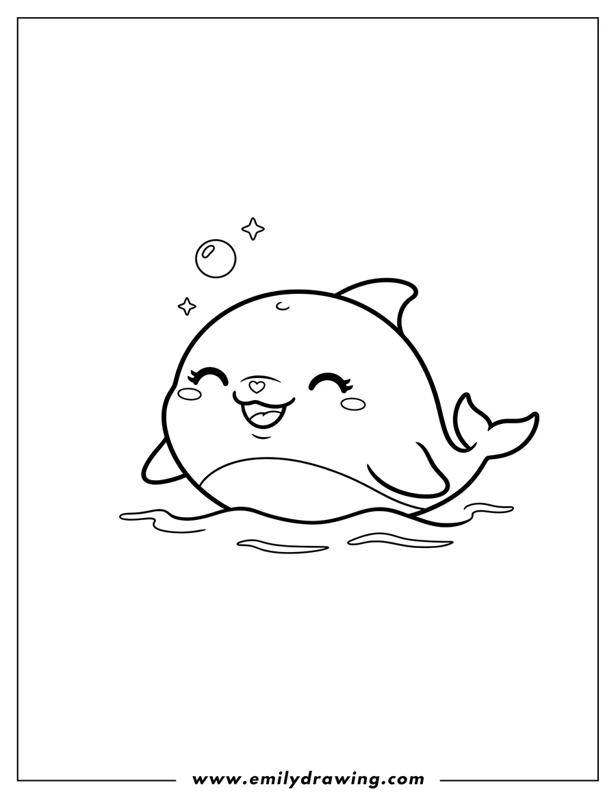 Simple sketch of cute Kawaii Dolphin smiling with closed eyes to color