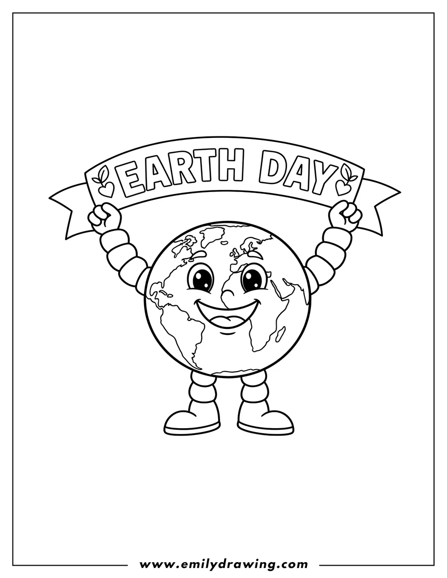 PDF style coloring page: smiling cartoon Earth with arms and legs holding up an Earth Day banner