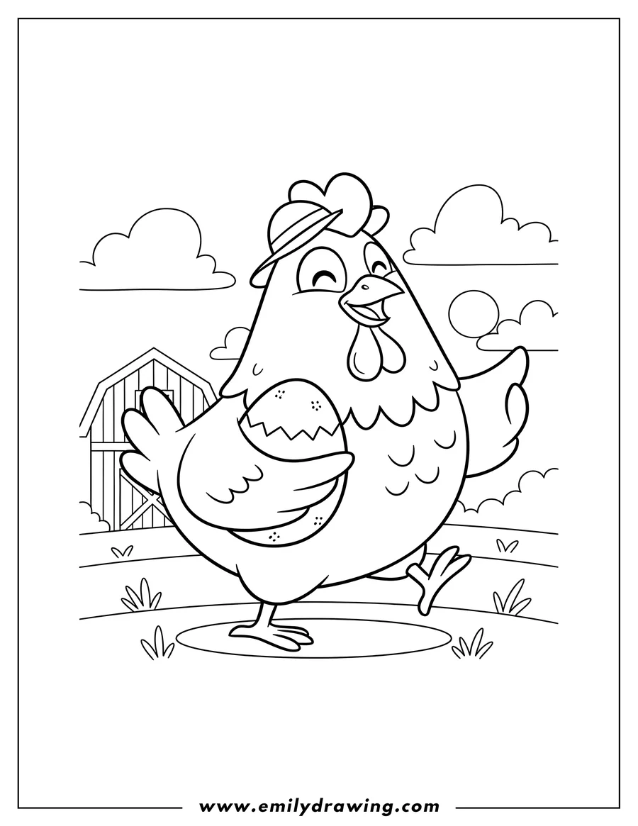 Linear illustration of smiling cartoon egg laying chicken walking on a farm