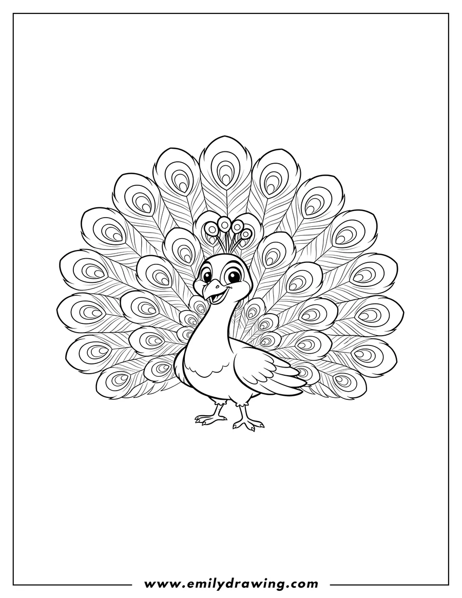 PDF style coloring page: smiling Cartoon Peacock with a Crest Showing Off its Fanned Tail Feathers