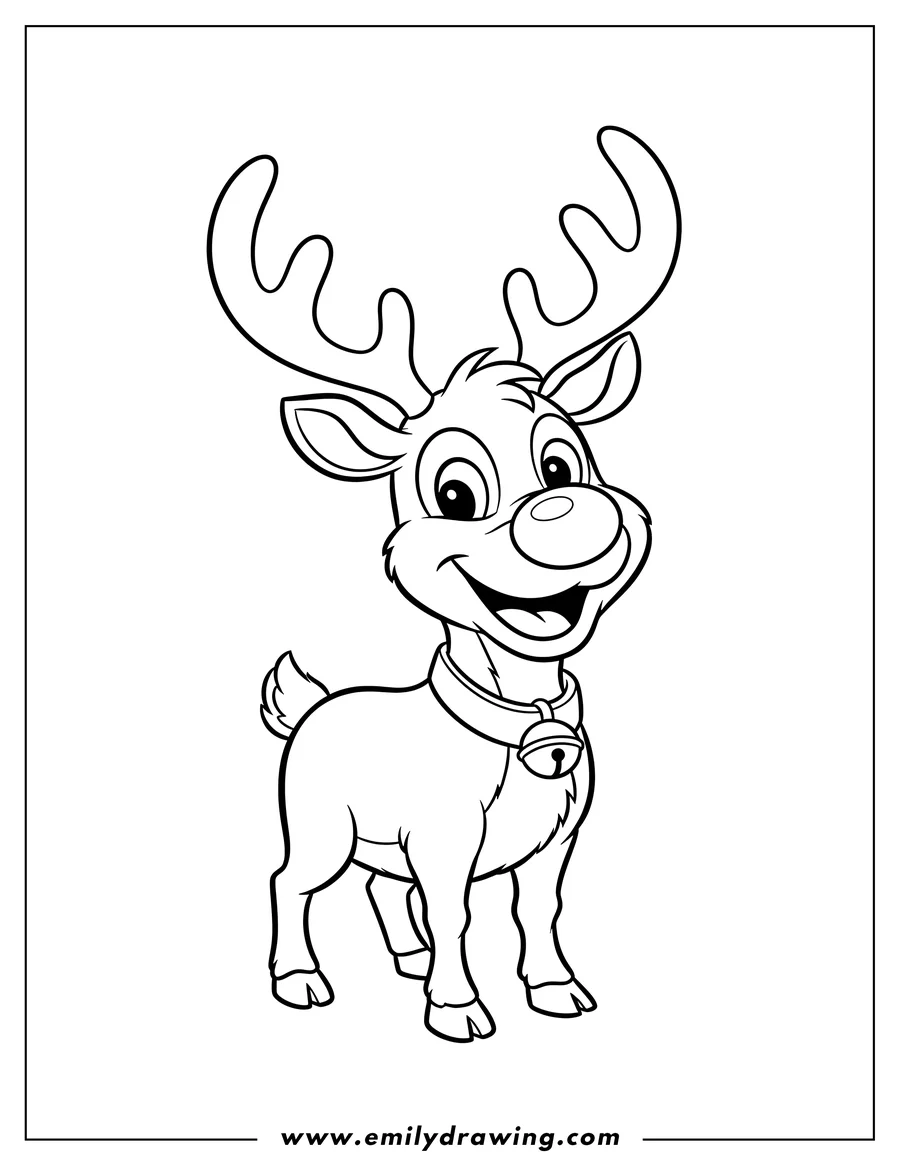 Printable line art of smiling Cartoon Rudolph with Big Antlers and a prominent nose to color