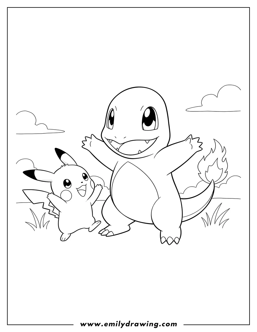 Free printable coloring sheet of smiling Charmander with open arms and Pichu