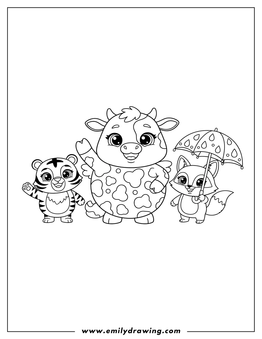 Free to print drawing of smiling Cow, Waving Tiger, and Fox with Umbrella Hatchimals