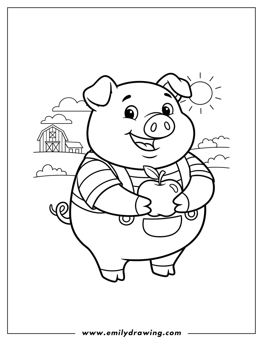 Free printable coloring sheet of smiling Critters Pickypiggy with a big smile and a curly tail, holding an apple