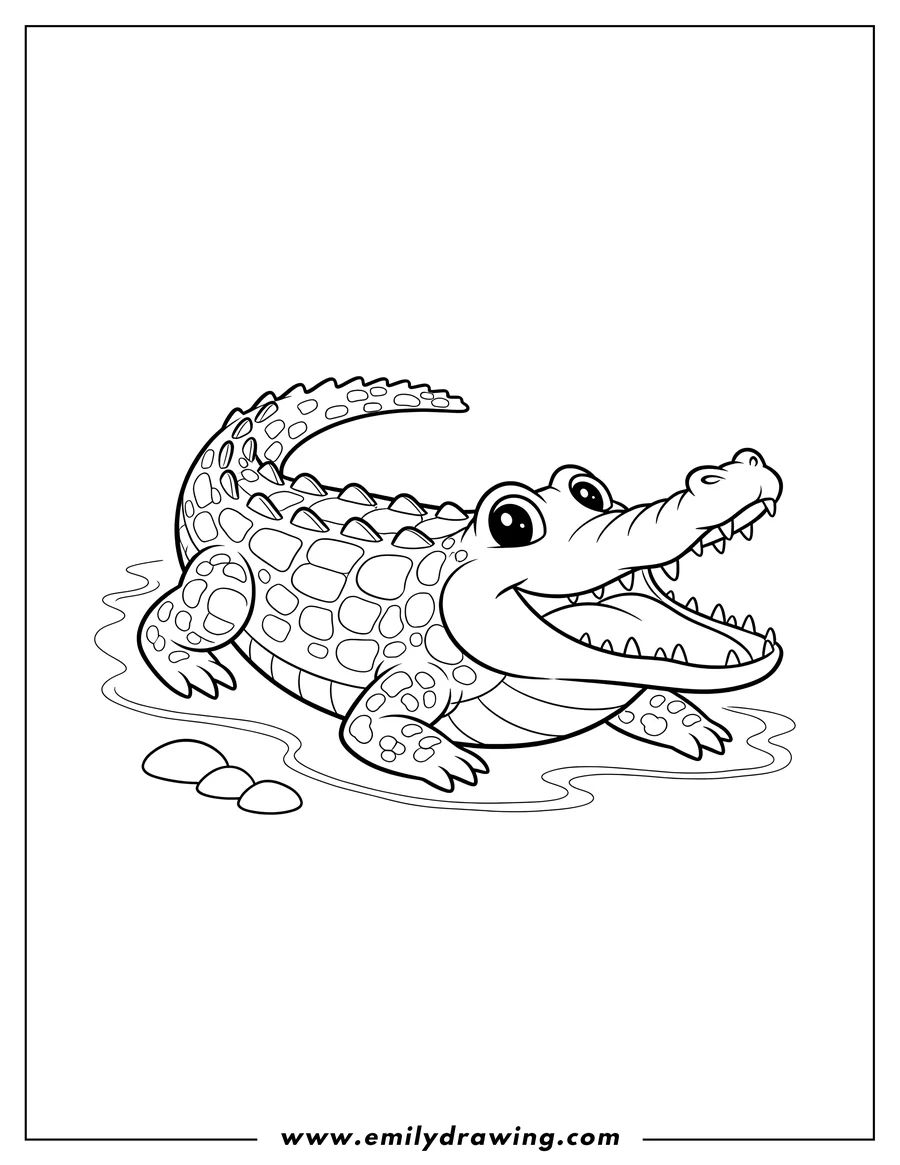 Vector style outline of smiling Crocodile Scaled, with open mouth, lying down