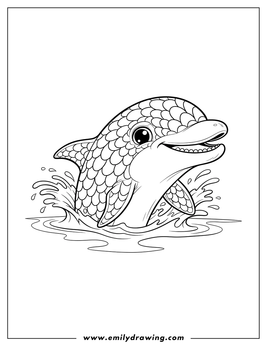 Printable coloring page of smiling Dolphin Scaled, peeking out of the water with its head and a cute eye