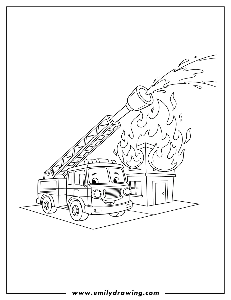 Clean line drawing: smiling Frank Fire Truck with an extended ladder and water cannon next to a burning building