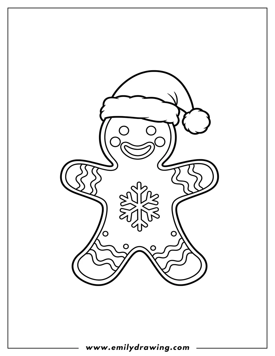 Printable coloring page of smiling Gingerbread Man in a Santa Hat with wavy frosting details and a snowflake chest design