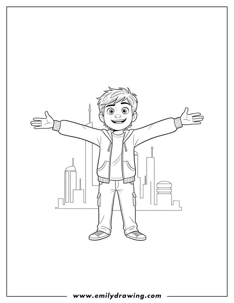 Simple sketch of smiling Hiro Hamada Big Hero 6, standing with open arms to color