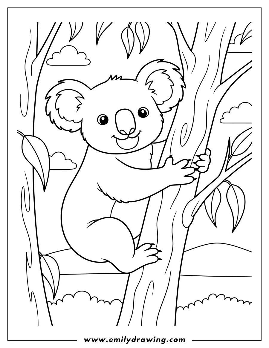 Simple sketch of smiling Koala Climbing Gum Tree, reaching up with one paw, Scaled to color