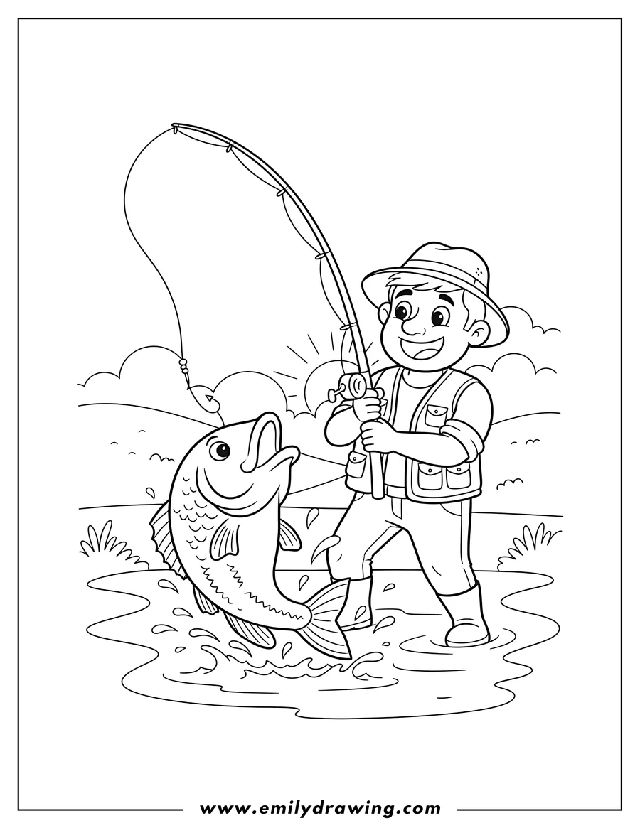 Printable line art of smiling cartoon man holding a fishing rod, catching a large fish with splashes