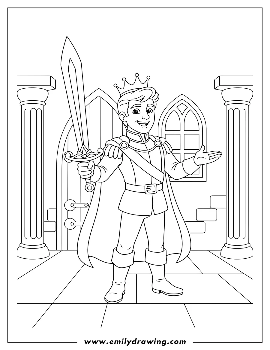 Linear illustration of smiling Prince Charming holding a sword and gesturing with his hand inside a castle