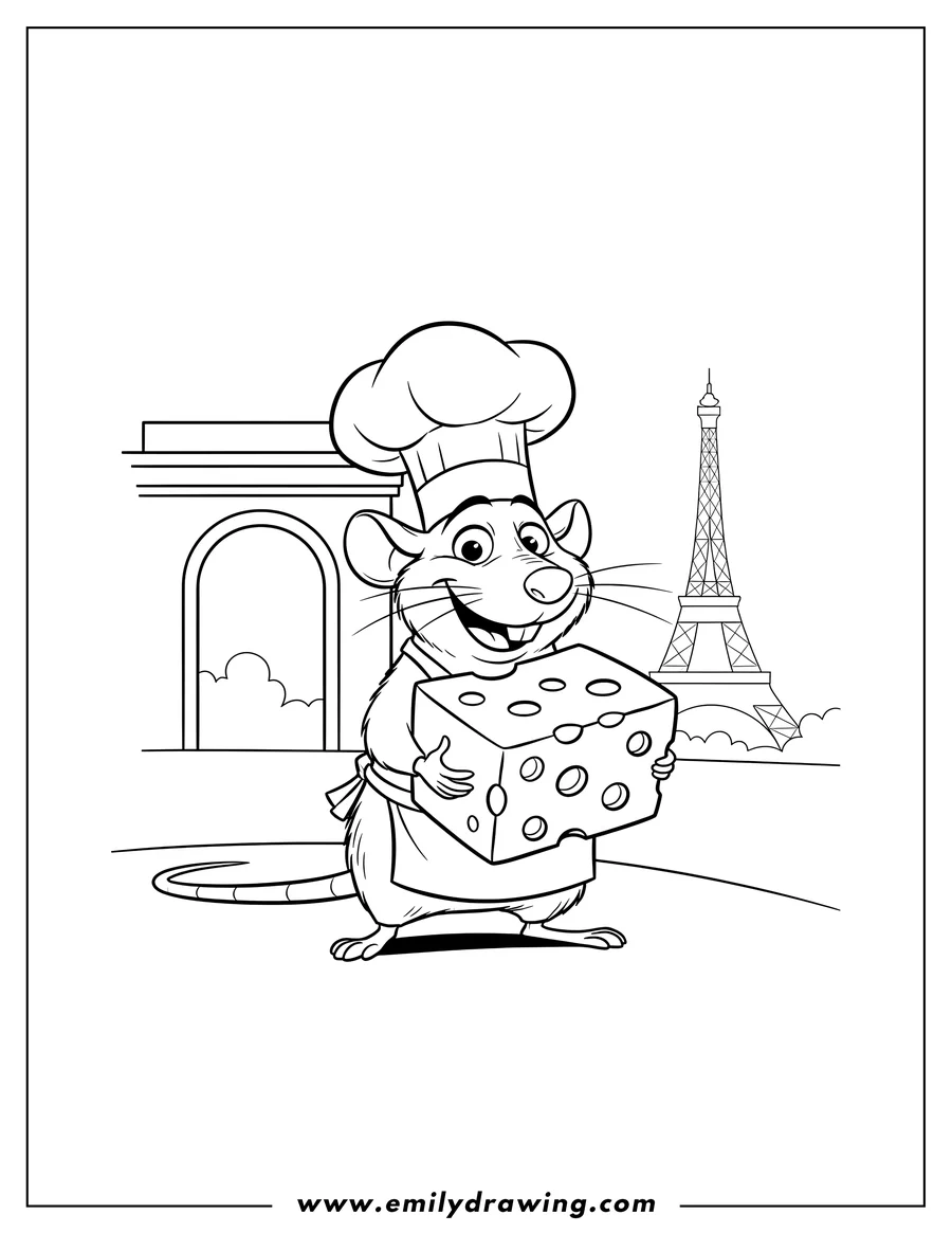 Clean line drawing: smiling Ratatouille standing with cheese