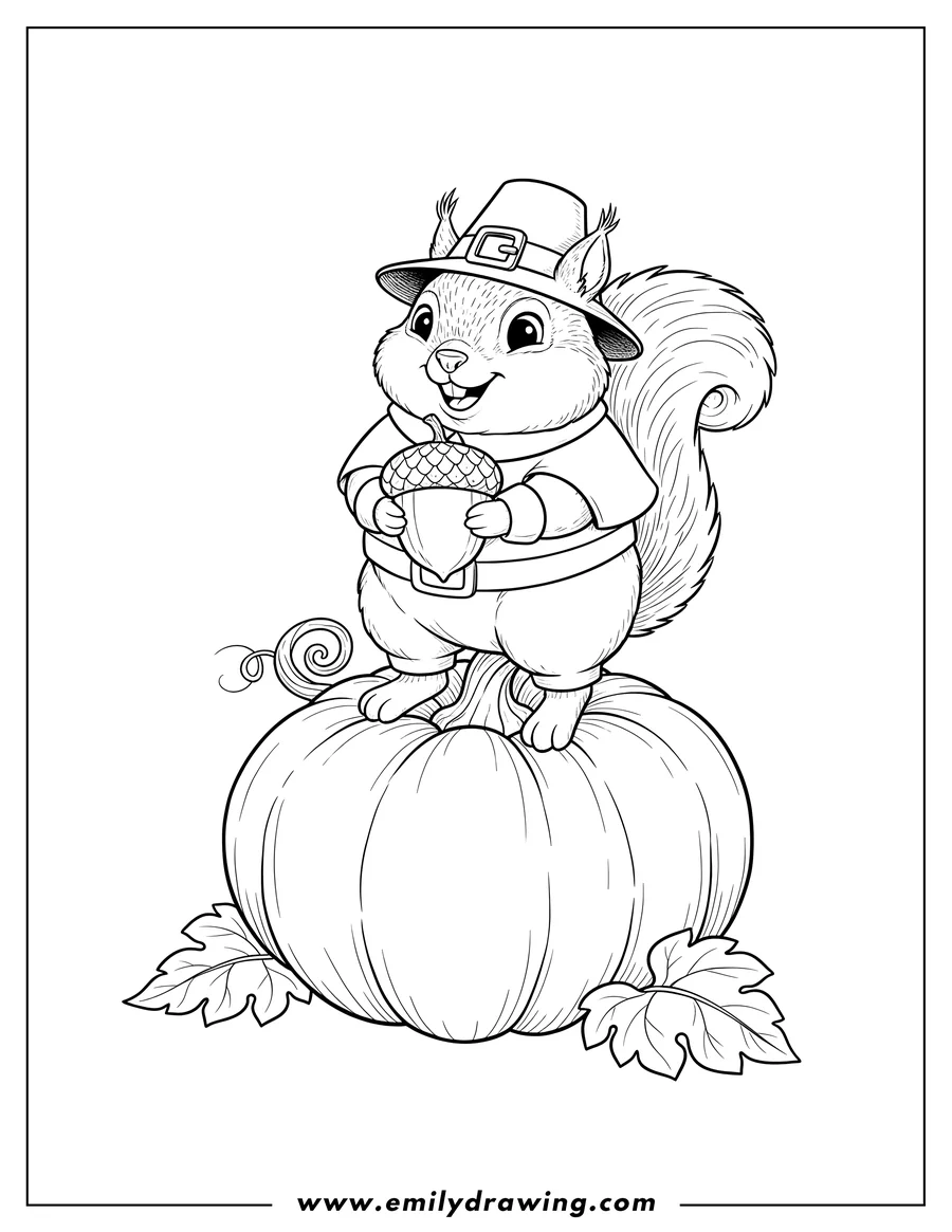 Free to print drawing of smiling Squirrel Pilgrim Standing On Large Pumpkin, Holding An Acorn