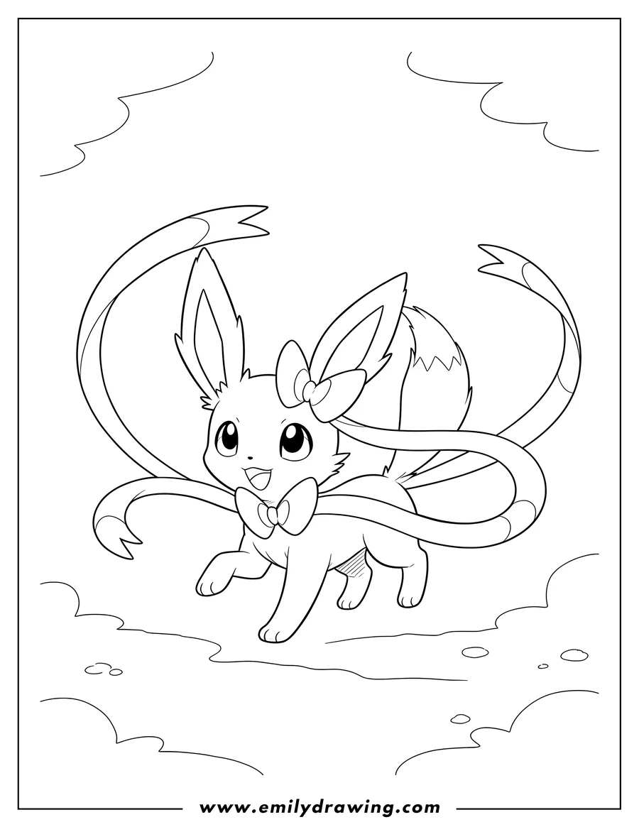 High quality printable easy Outline Smiling Sylveon prancing with flowing ribbons Preschoolers for coloring