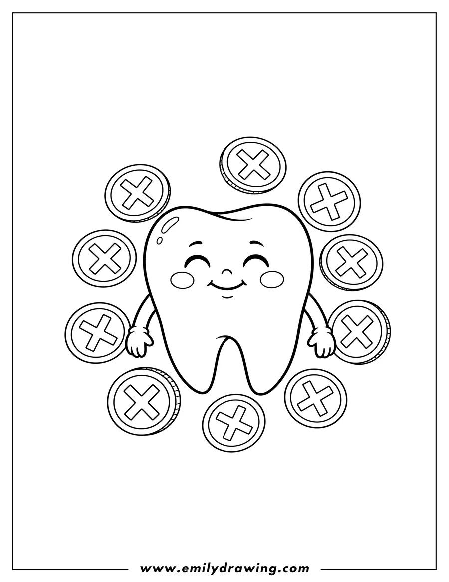 Downloadable coloring page of smiling tooth with closed eyes, surrounded by gold coins with X marks