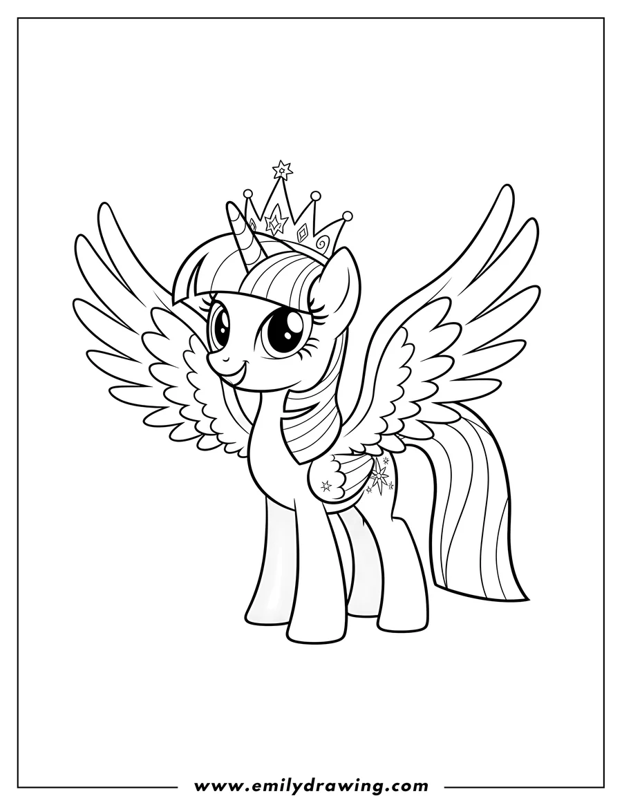 Printable coloring page of **Refined Scene:** Easy Smiling Twilight Sparkle with crown and wings
