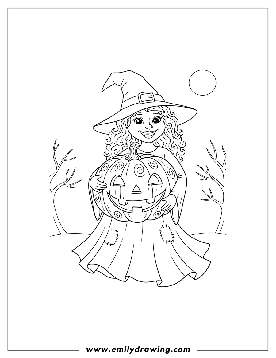 Free to print drawing of smiling witch hugging a carved jack-o'-lantern