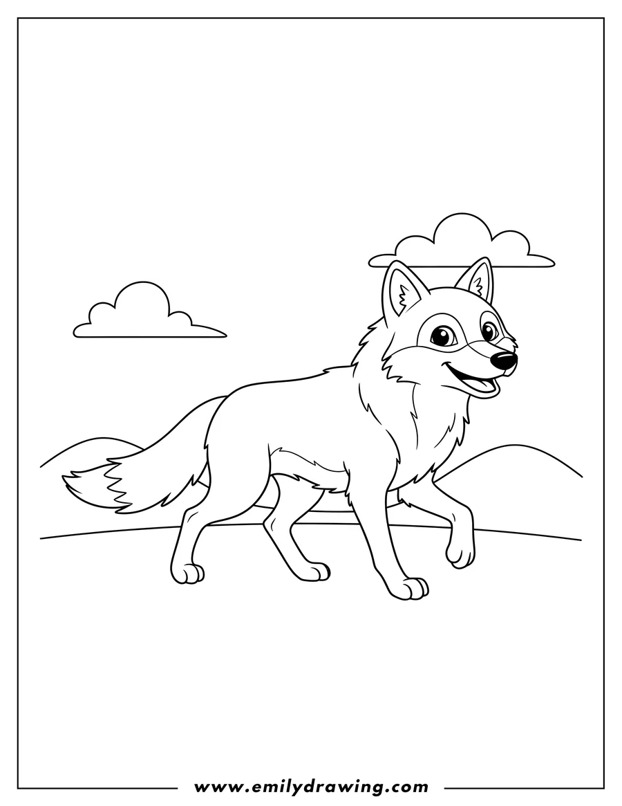 Printable line art of easy, smiling wolf walking