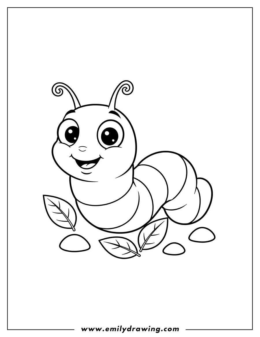 Clean line drawing: easy Smiling, Segmented Worm with Big Eyes Line Art for Preschoolers