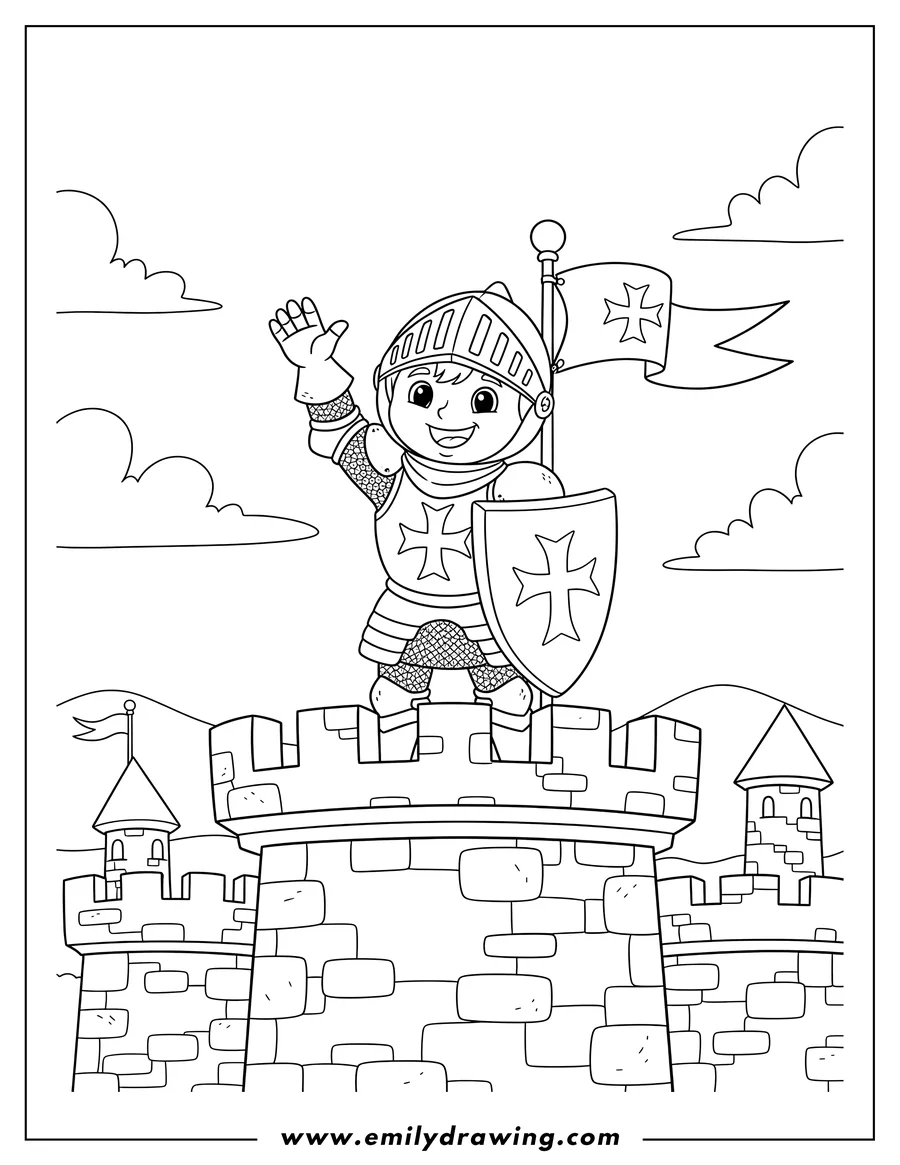 Full page coloring image of smiling young knight in armor with a cross, waving from a castle tower