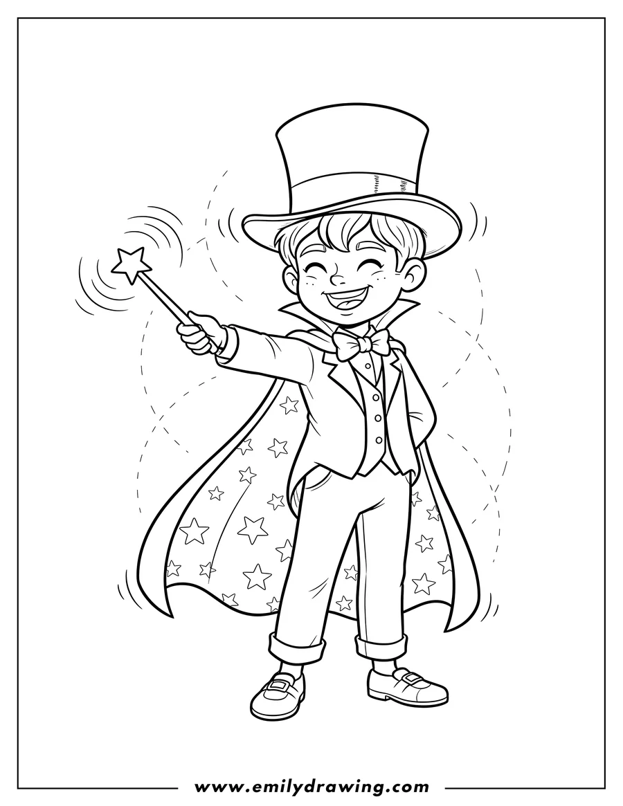 Downloadable coloring page of smiling young magician in a top hat and cape waving his wand