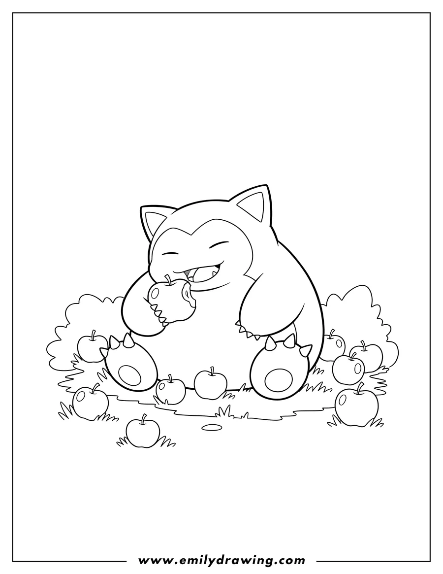 Coloring sheet featuring simple Snorlax Sleeping On Grass, eating an apple, surrounded by more apples