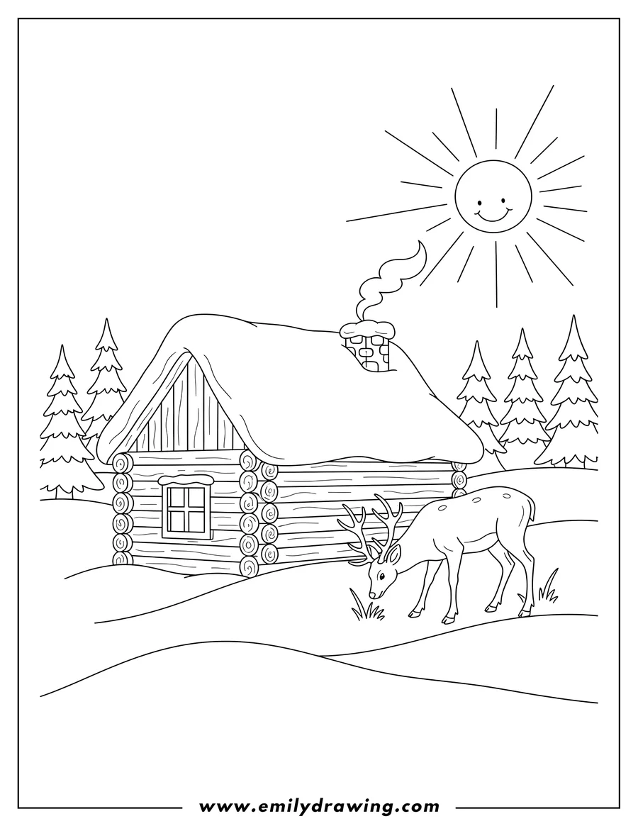 Coloring page for kids: A snow-covered log cabin with smoke coming from the chimney, and a deer grazing in the snow, on Christmas Day