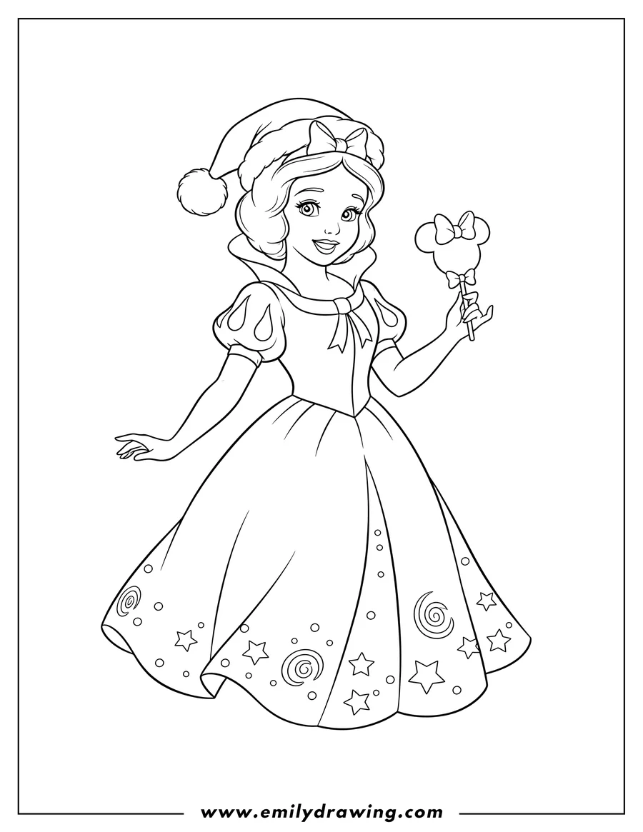 Coloring page for kids: easy Snow White Christmas Outfit, wearing a Santa hat and holding a Mickey Mouse lollipop