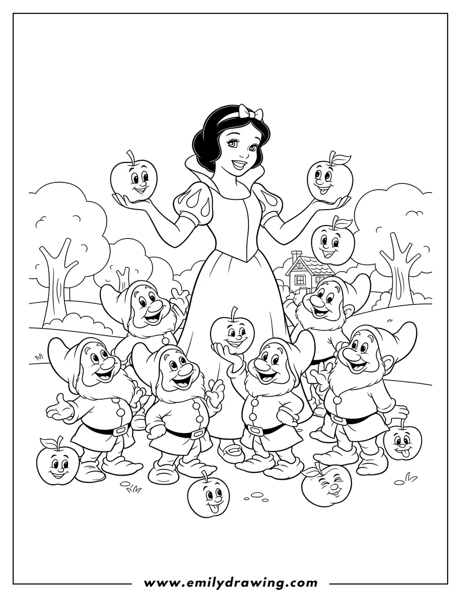 Linear illustration of snow White smiling, surrounded by dwarves and apples with expressive faces