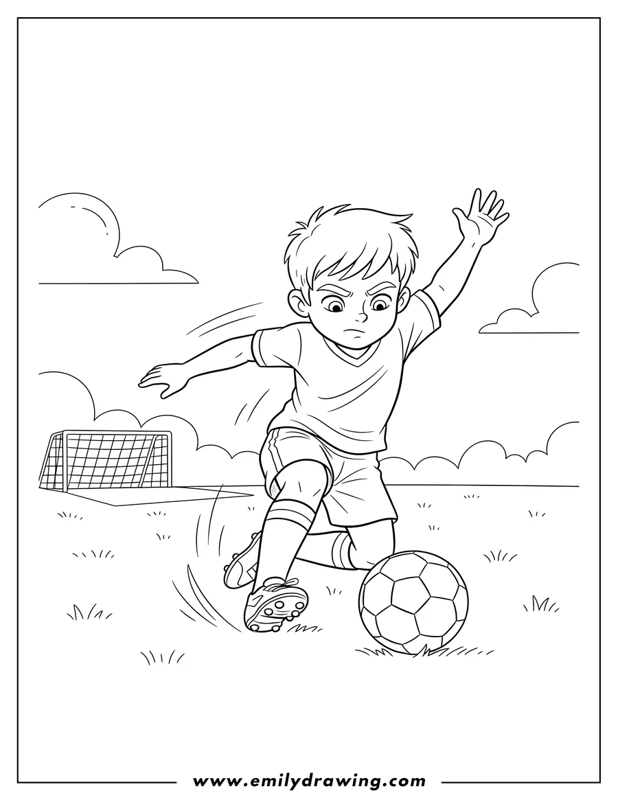 Full page coloring image of A soccer player doing a slide tackle for the ball with one arm raised