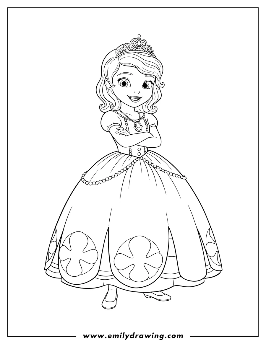 Doodle style coloring picture of easy Sofia First, smiling with arms crossed