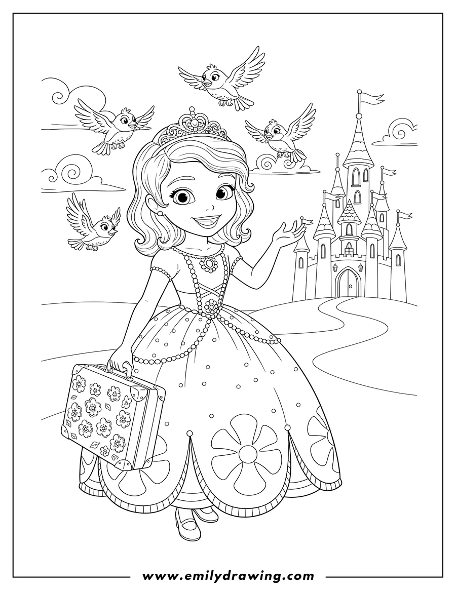 Clean line drawing: sofia First smiling, holding a suitcase, and accompanied by flying birds, going to a castle