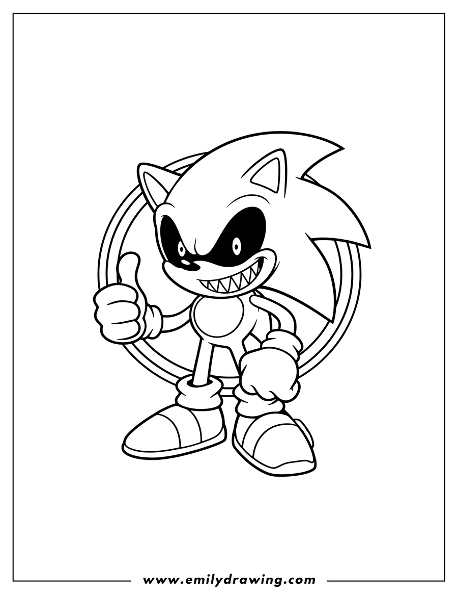 Doodle style coloring picture of sonic Exe logo featuring Sonic with a menacing grin and thumbs up