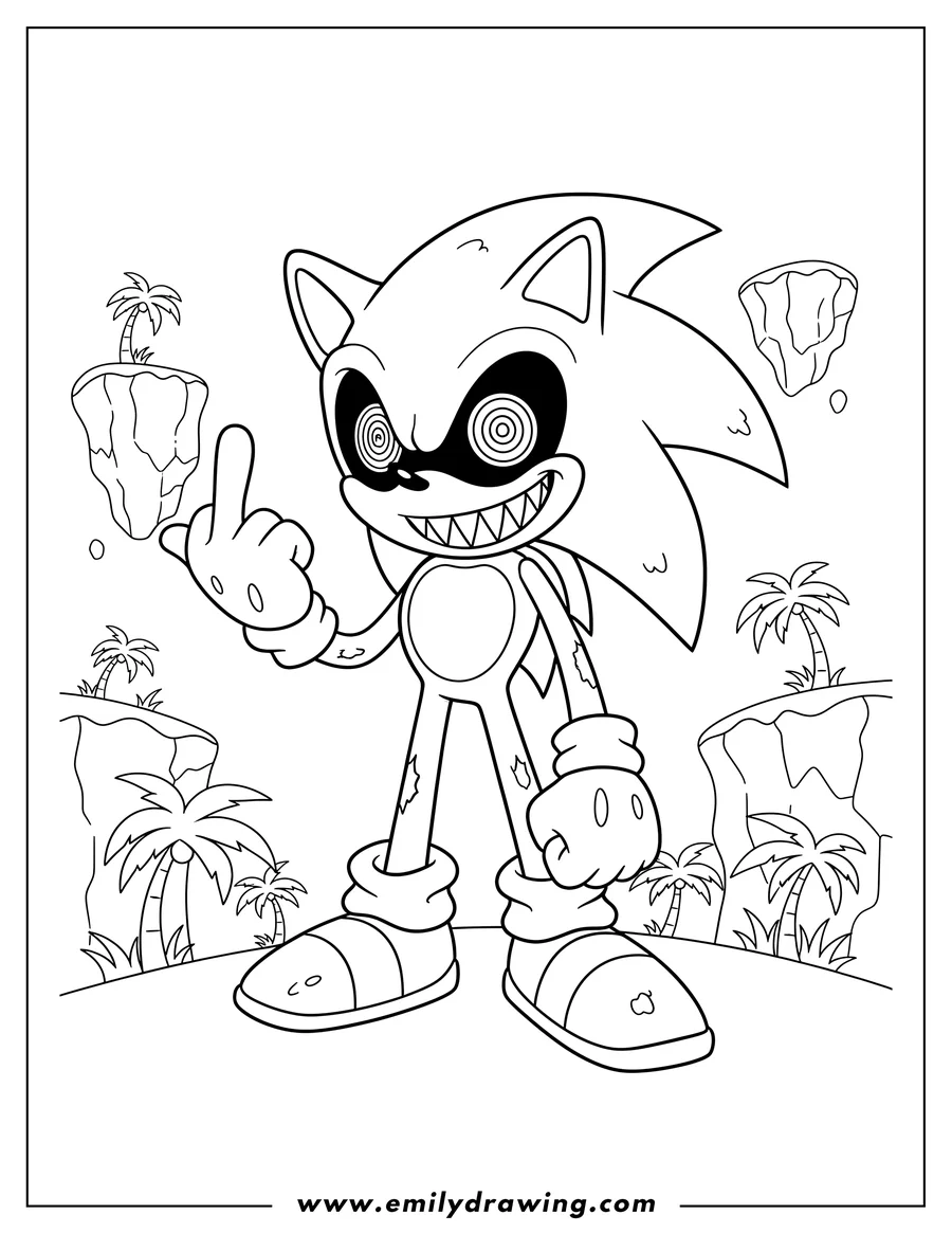 Simple sketch of easy Sonic Exe Outline Angel Island, with spiraling eyes, giving middle finger to color
