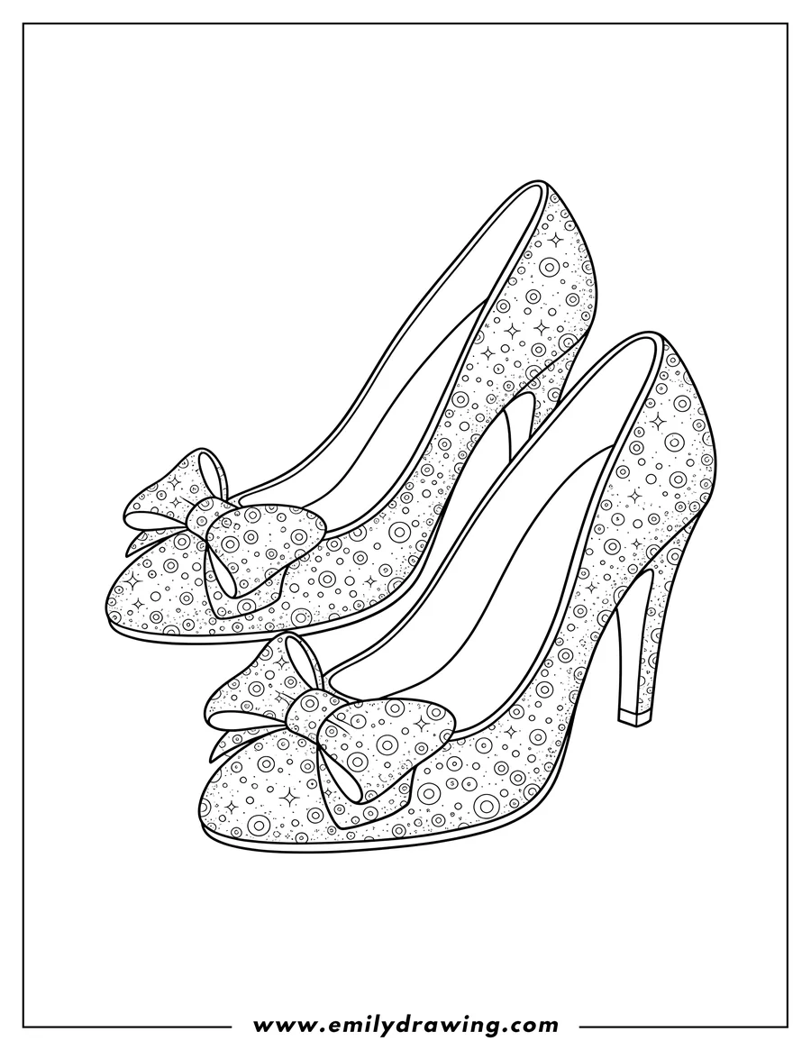 Doodle style coloring picture of sparkly high-heeled Wizard of Oz Ruby Slippers with bows