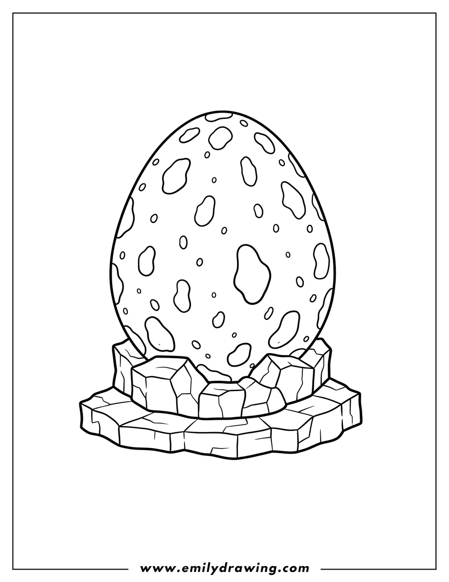 Doodle style coloring picture of speckled monster egg on a rocky pedestal