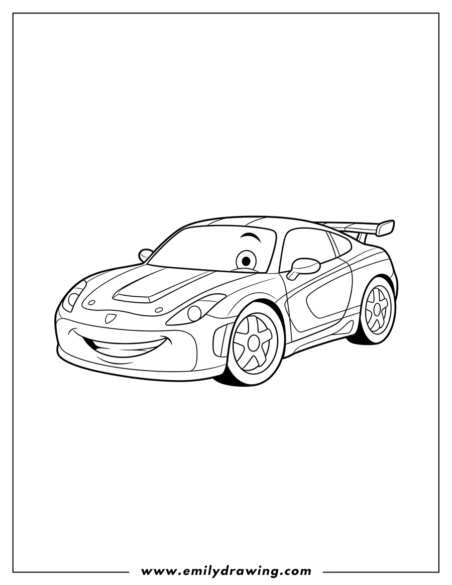 Free printable coloring sheet of easy Speed Car Winking and Smiling Outline