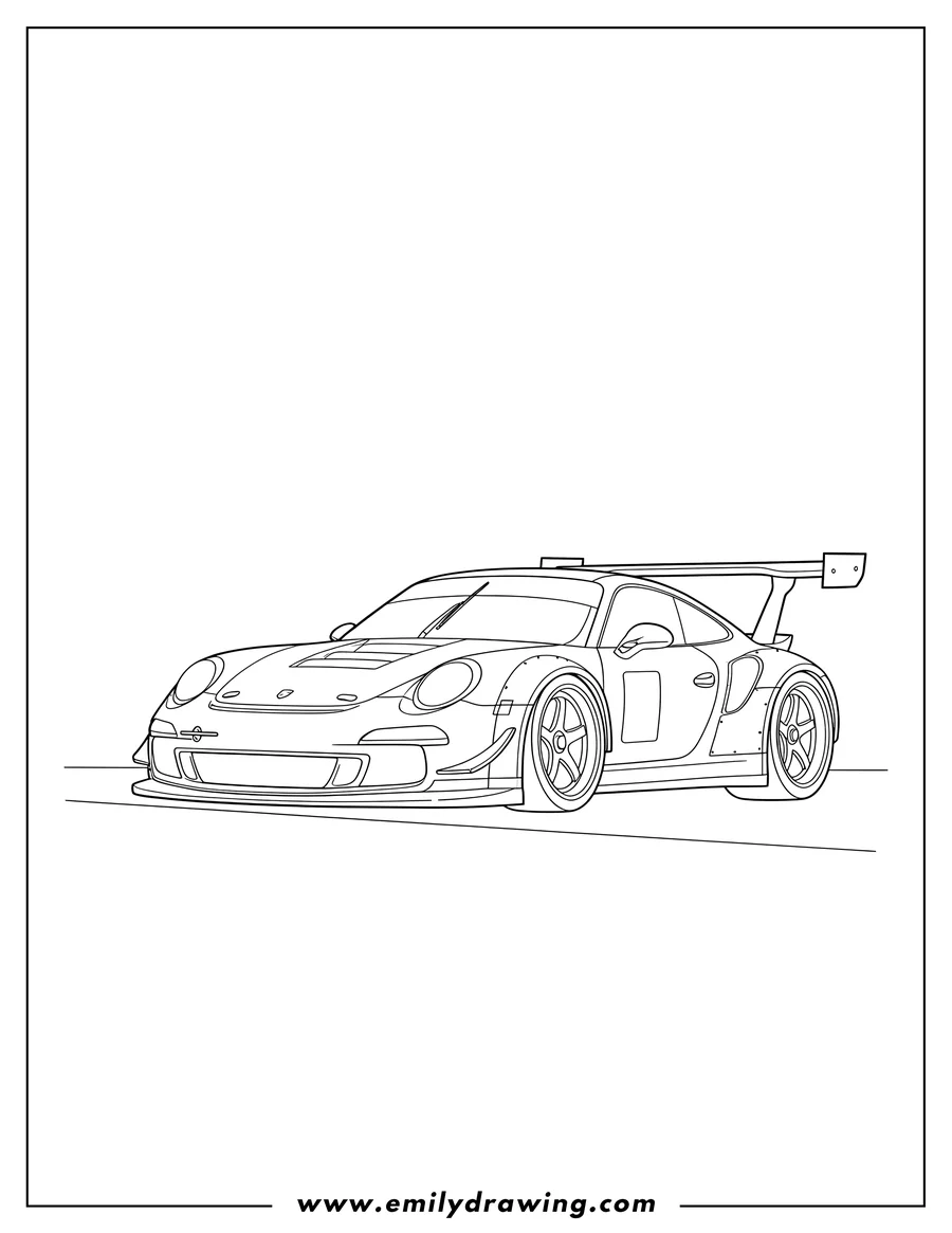 Printable line art of speedhunter Porsche coloring page with a giant rear wing