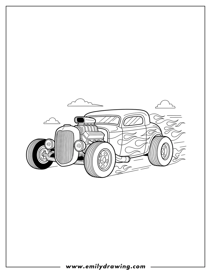 Downloadable coloring page of speeding Hot Rod With Flames Design