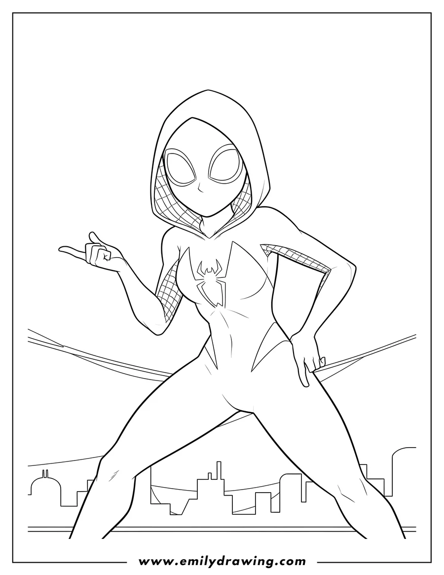 Full page coloring image of easy Spider Gwen in her hooded suit, striking a pose