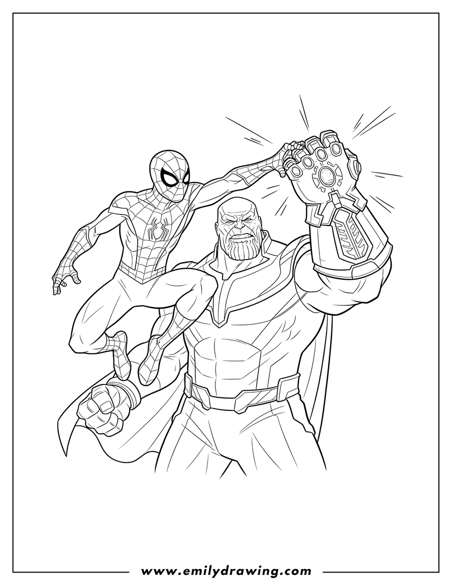 Full page coloring image of spider Man grabbing Thanos by the head, with Thanos wearing the Infinity Gauntlet and one arm raised