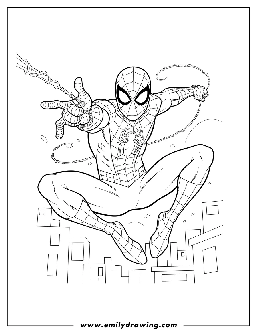 Coloring page for kids: spider-Man superhero leaping and shooting webs