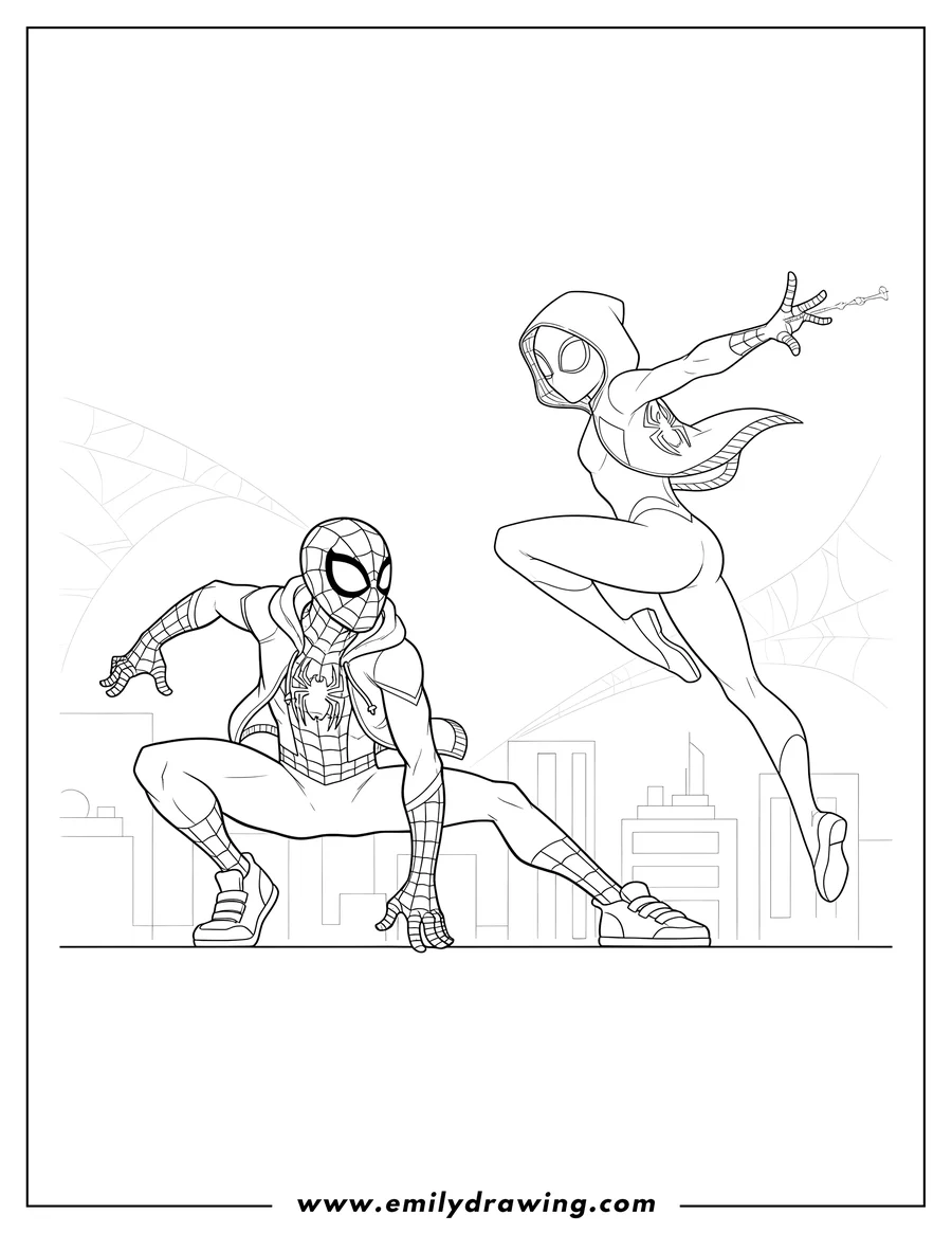 Vector style outline of spider-Man Miles Morales in a hoodie crouching, and Spider-Gwen leaping