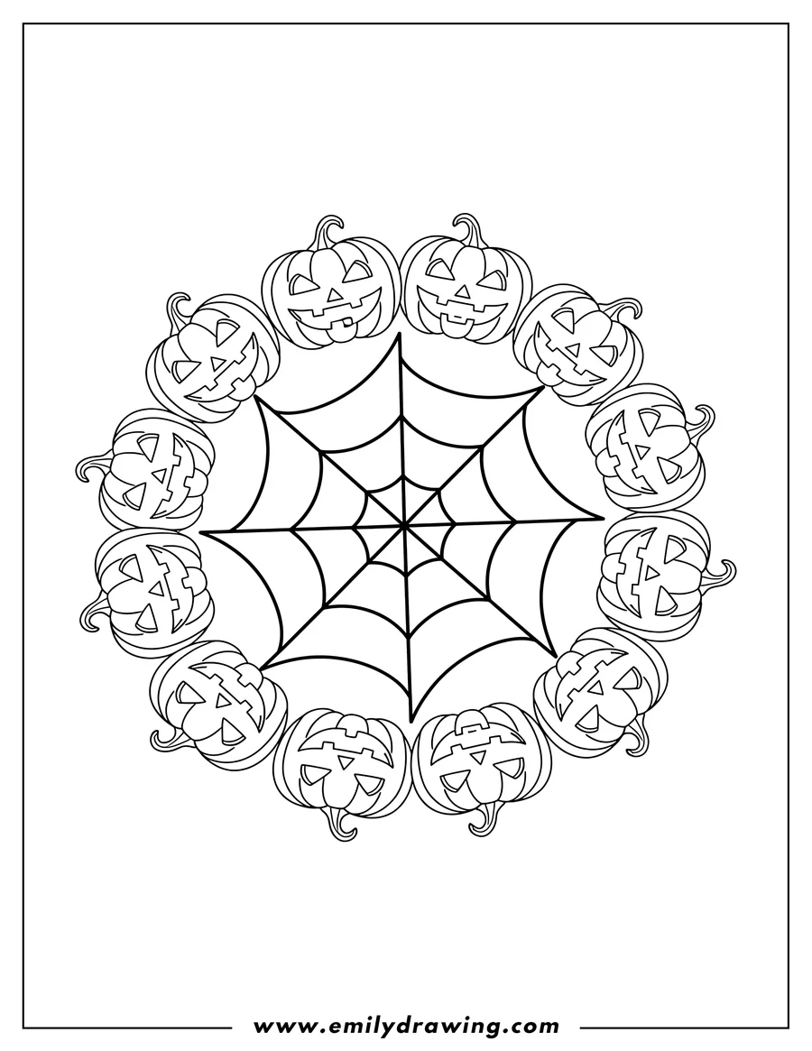 High quality printable easy Spider Web Mandala with carved Jack-o'-lanterns forming a circle for coloring