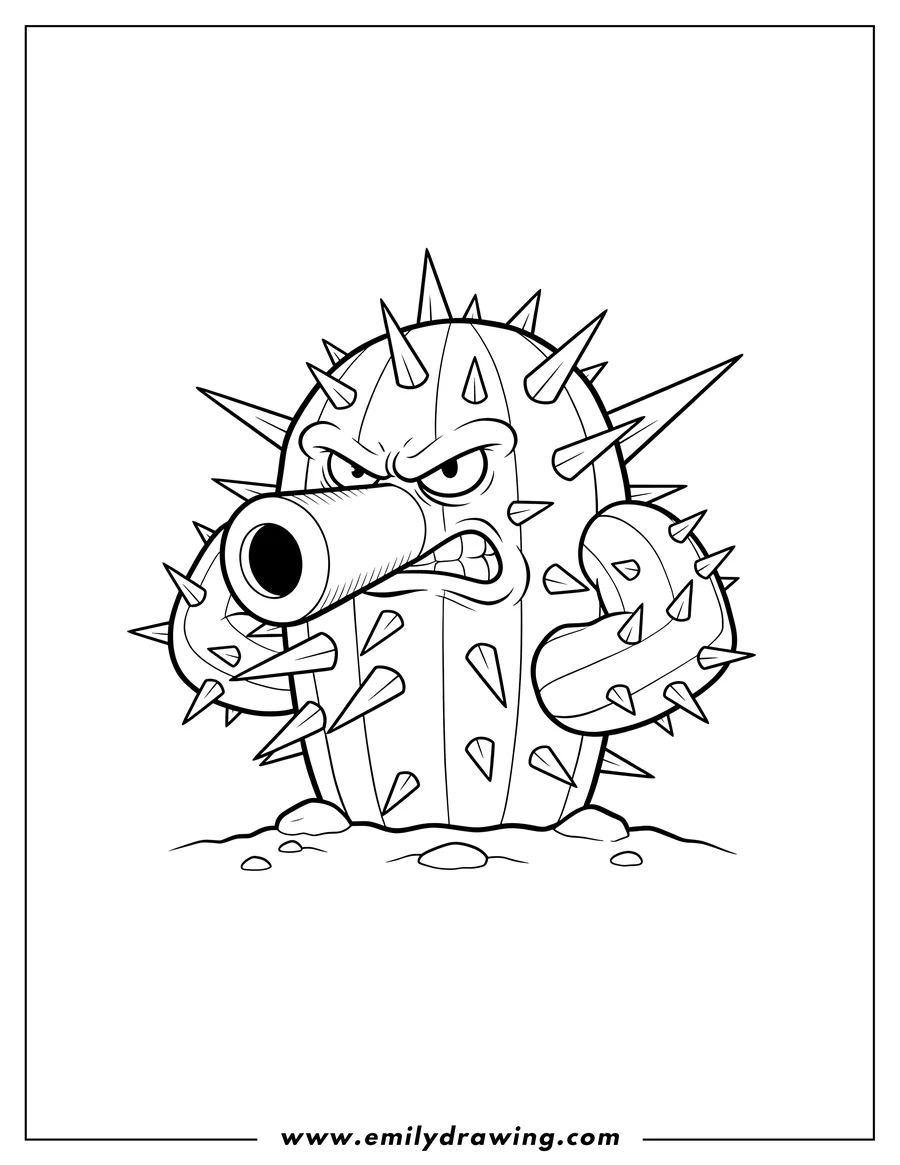 Outline drawing of spiky Cactus from Plants Vs Zombies with a determined expression and cannon mouth