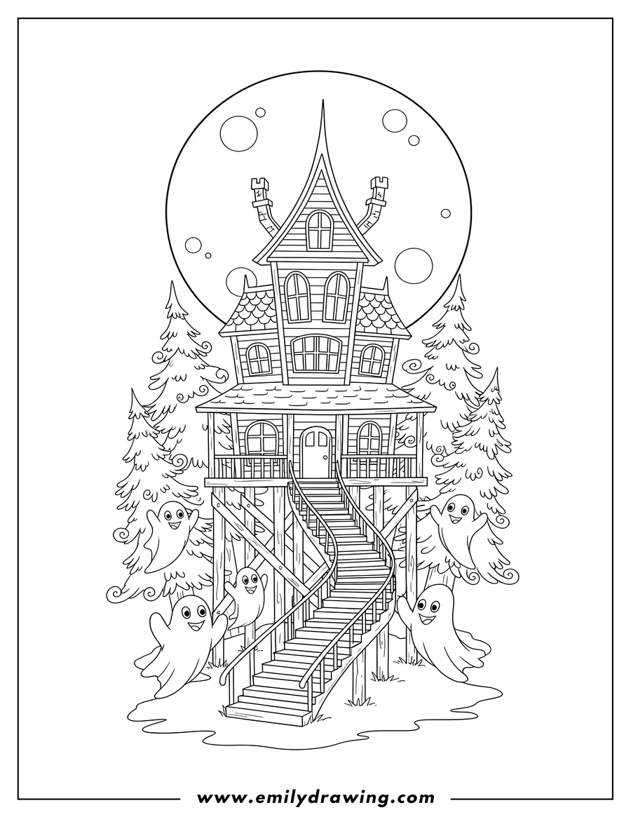 Clean line drawing: spindly Haunted House On Stilts with a grand porch and winding stairs, under a full moon, surrounded by friendly ghosts and pine trees
