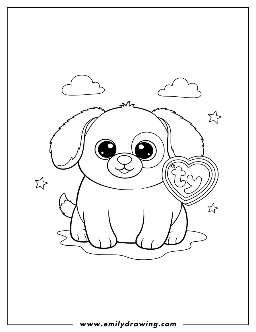 Free printable coloring sheet of cute Spirit Beanie Boo dog sitting with TY tag