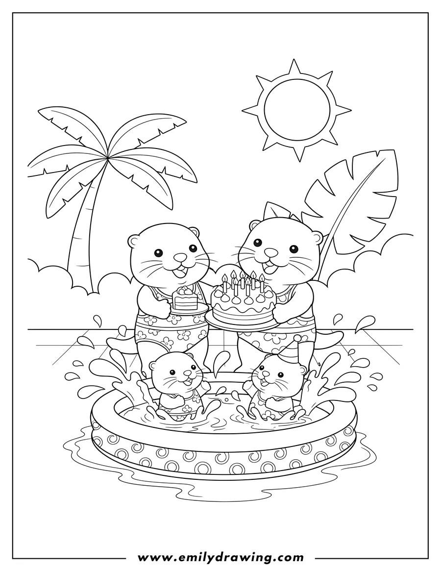 High quality printable calico Critters Splashy Otter Family playing in a pool, enjoying cake for coloring