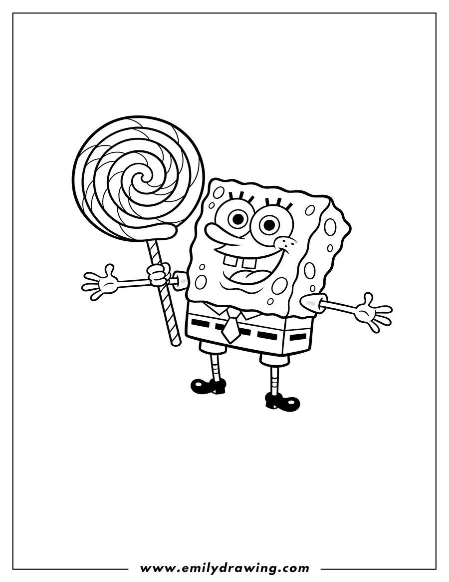 High quality printable spongebob with an excited expression holding a large spiral lollipop to color for coloring